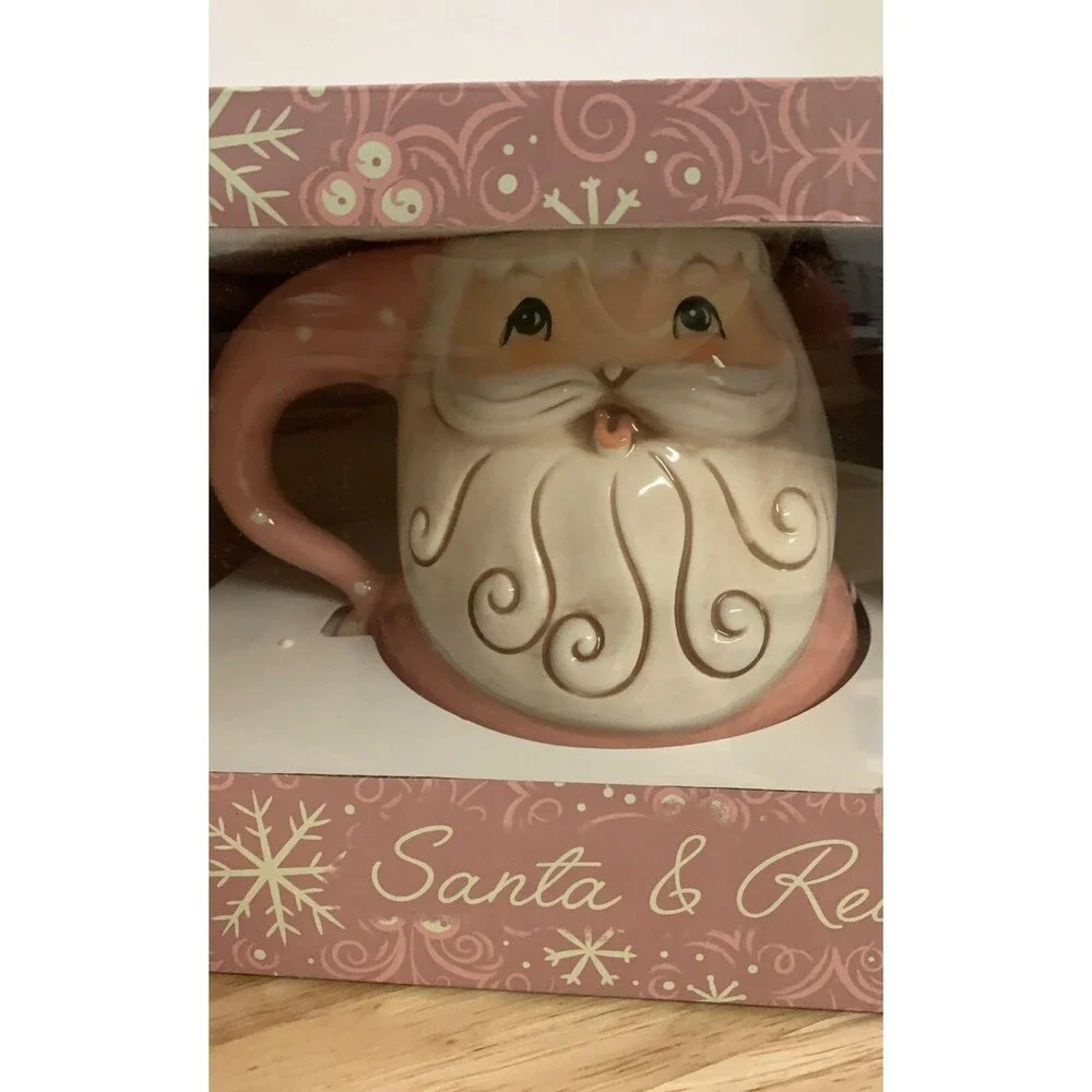 Johanna Parker Christmas Holiday Pink Santa & Reindeer Christmas Large Mug Set